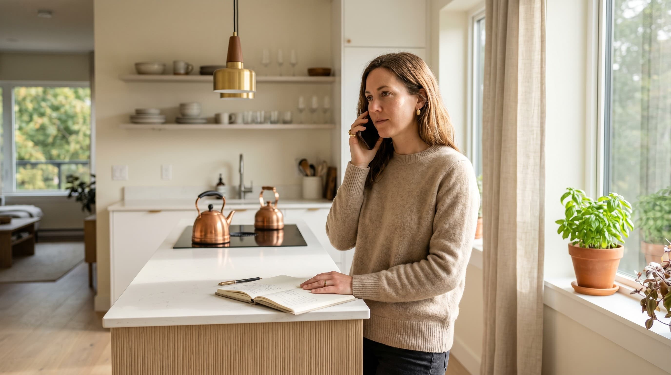 A landlord stands at a modern kitchen island on a phone call with a prospective tenant.