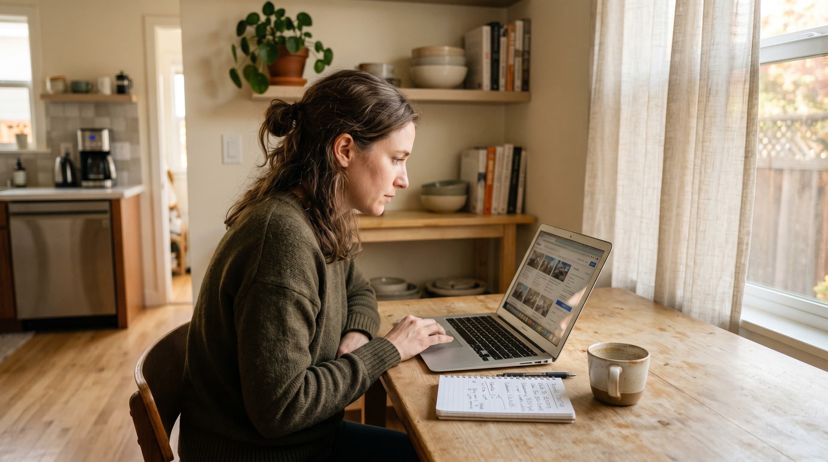 A renter compares two monthly rental listings on a laptop in a sunlit home office.