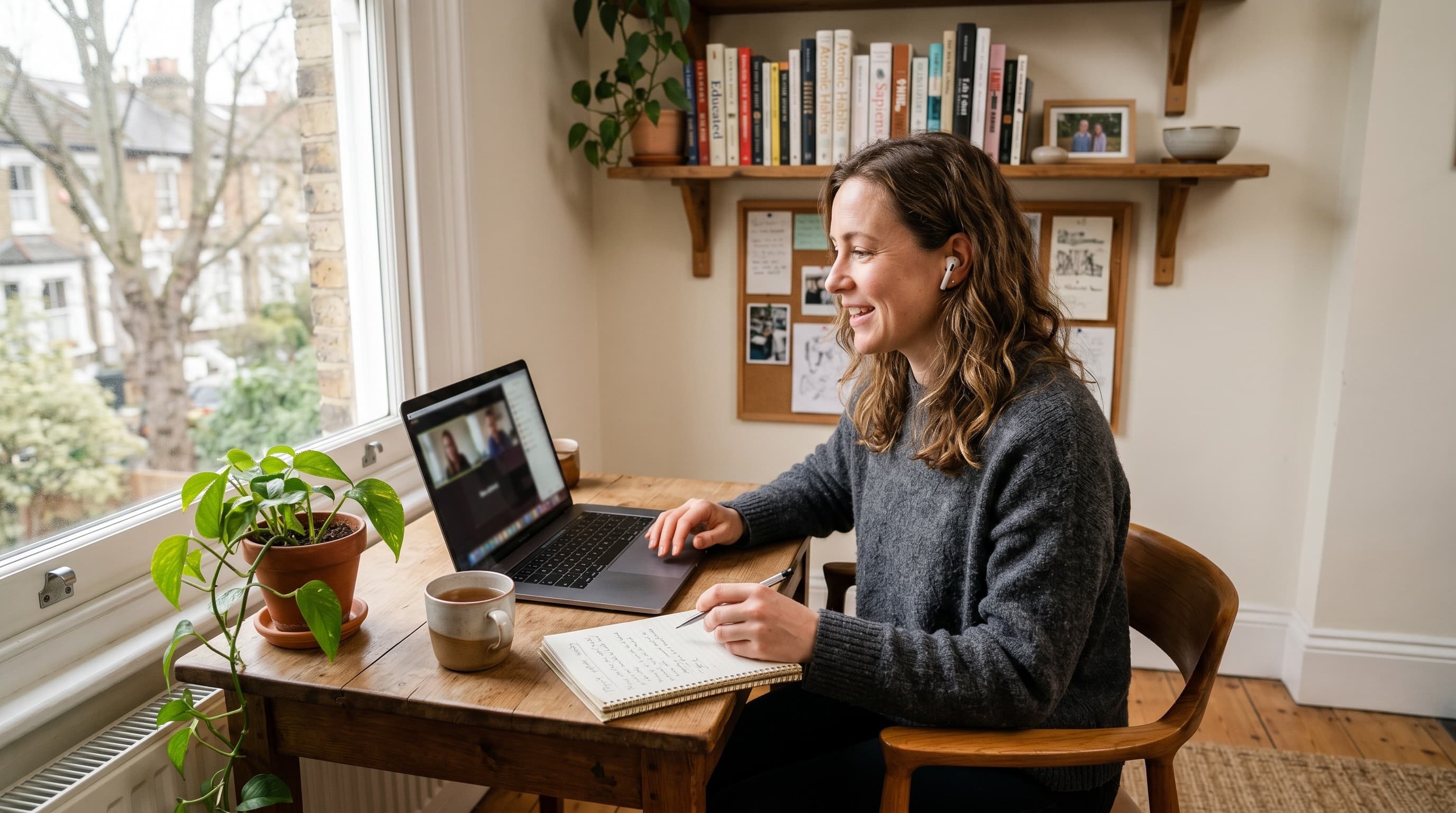 A Furnished Unfurnished support specialist on a video call from a sunlit home office.
