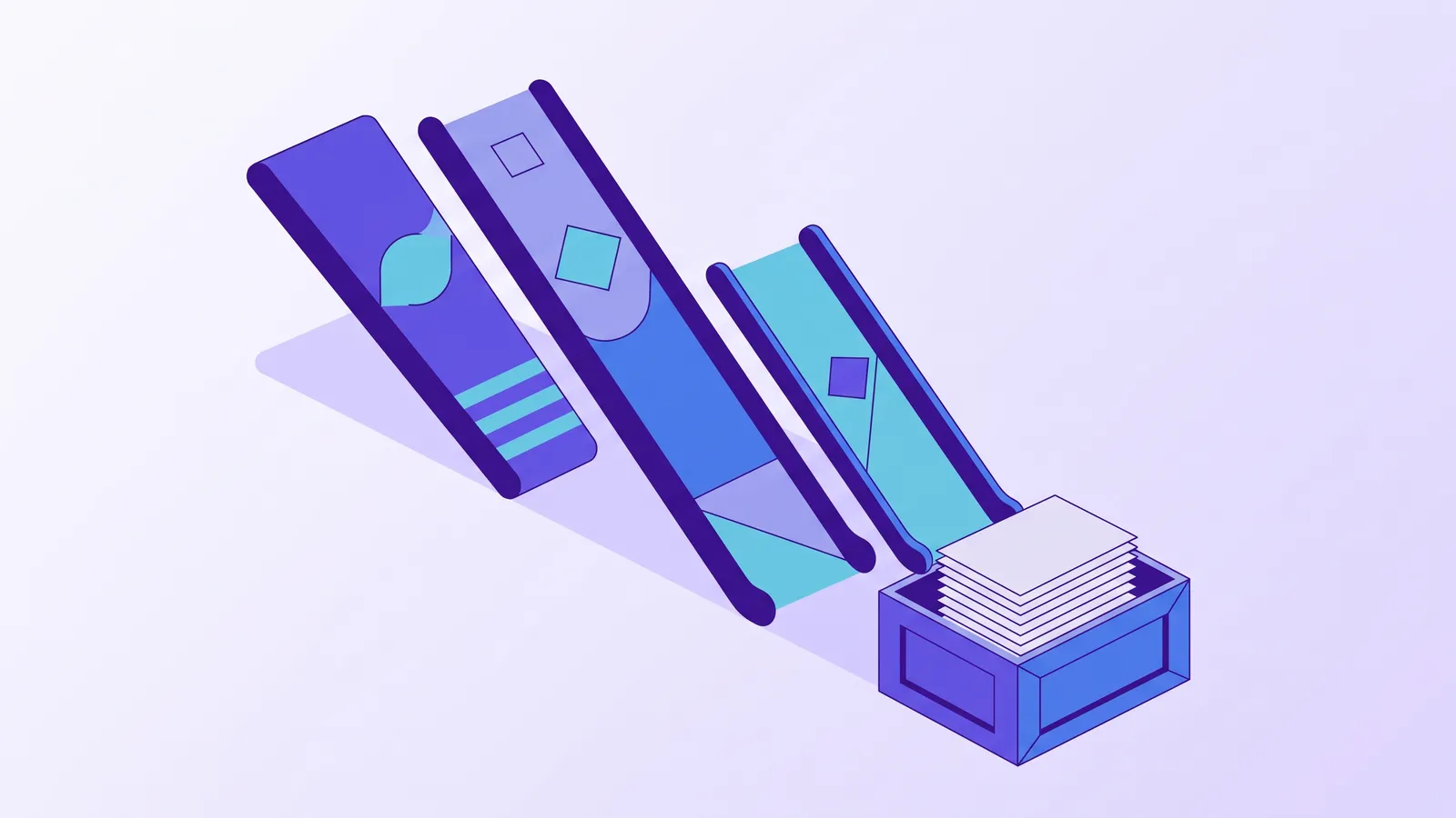 Three ramps of different widths sloping into one open crate where plain unmarked sheets are stacking up
