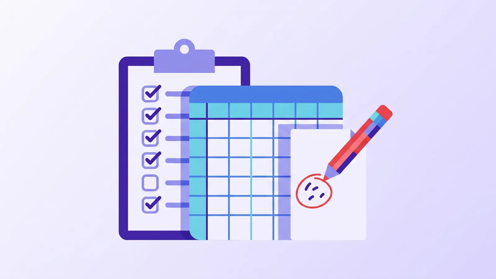 A clipboard of mostly ticked checkboxes beside a blank spreadsheet grid and a red pencil circling marks