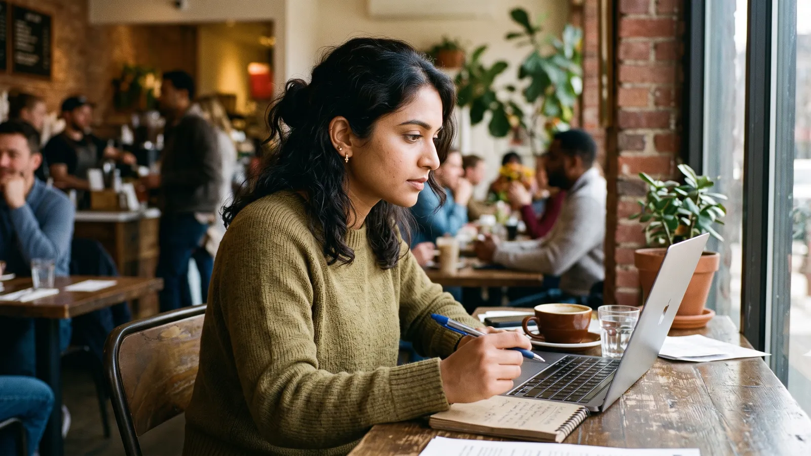 A woman at a sunlit cafe table with a laptop angled away, pen paused over a small notepad