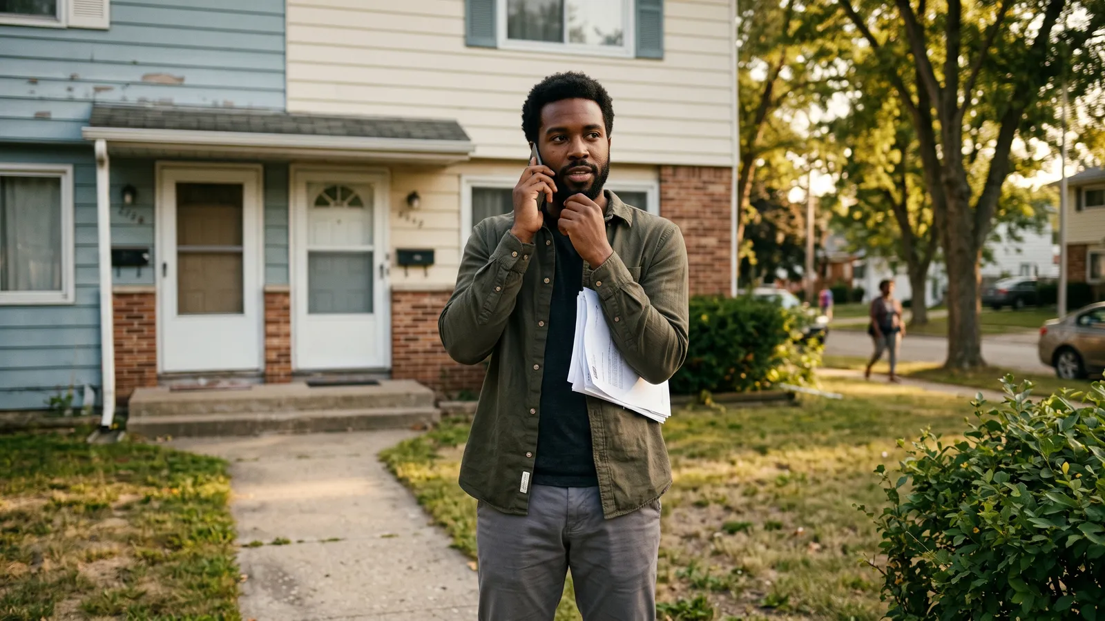 A man stands on the front walk of a duplex, phone to his ear, folded papers under his arm