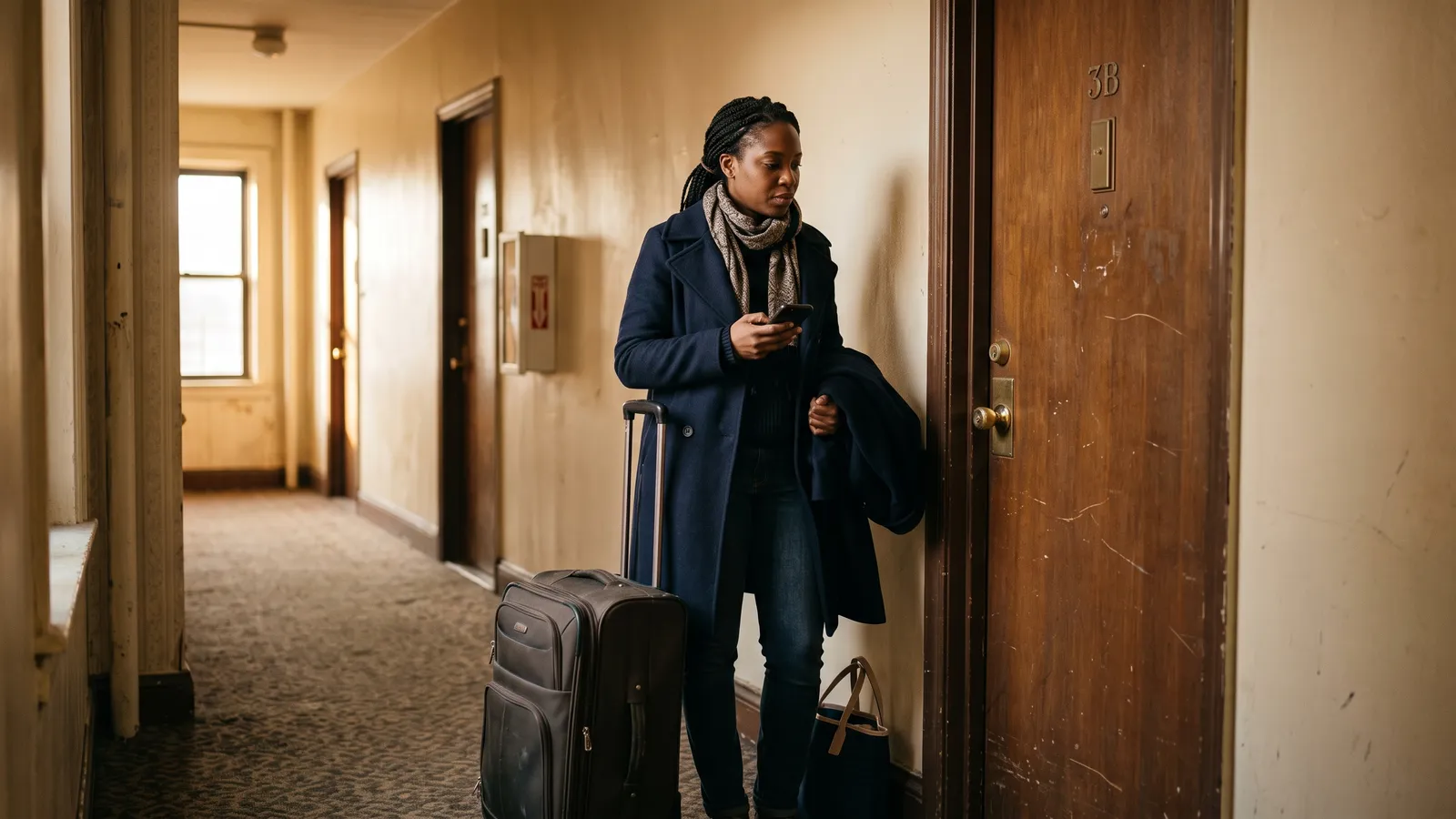 Woman stands in an apartment hallway outside a door with a wheeled suitcase and coat over her arm