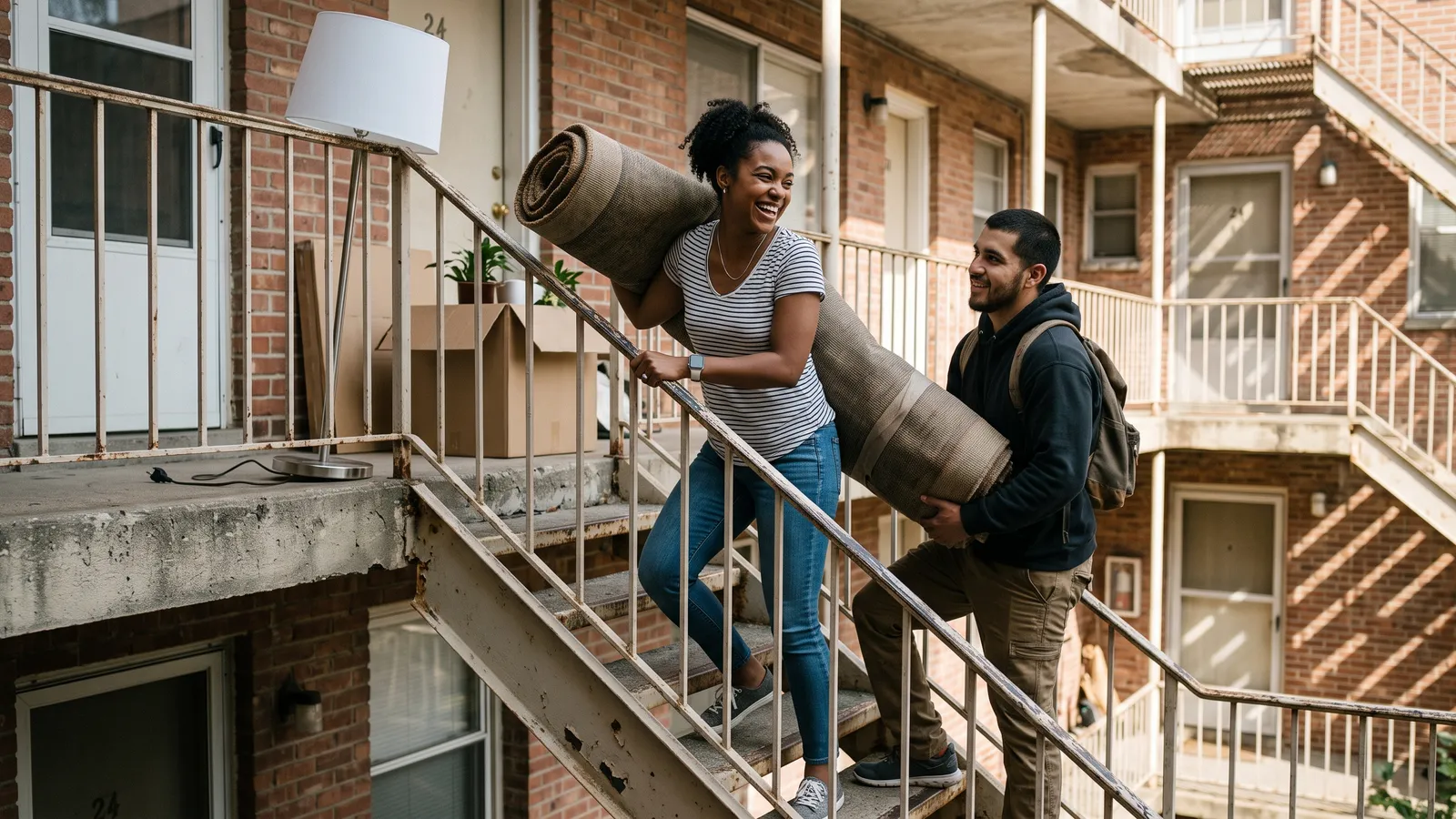 A couple carries a rolled rug up an exterior apartment staircase past a floor lamp on the landing