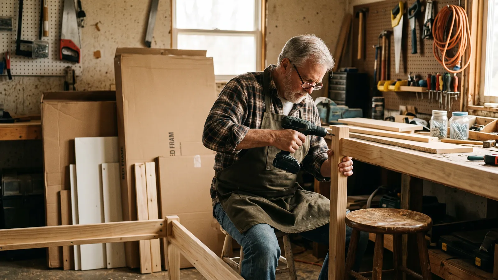 Landlord in reading glasses assembles a bed frame with a cordless drill beside boxed furniture panels