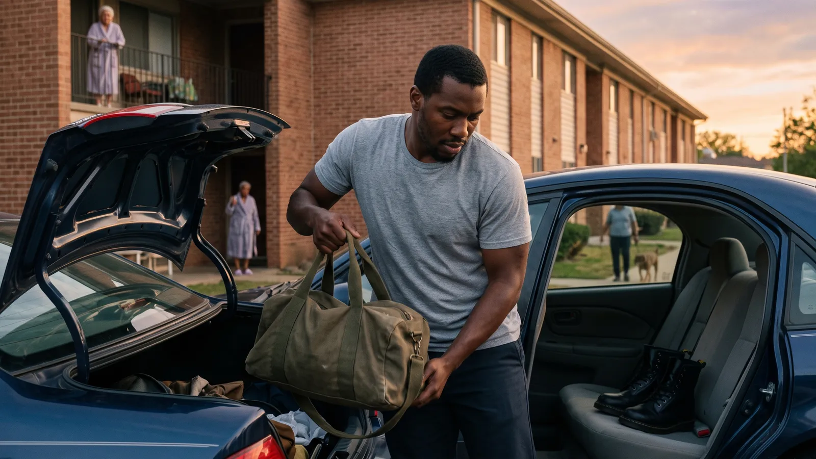 Man lifts a canvas duffel from a car trunk at dawn, polished black boots on the back seat