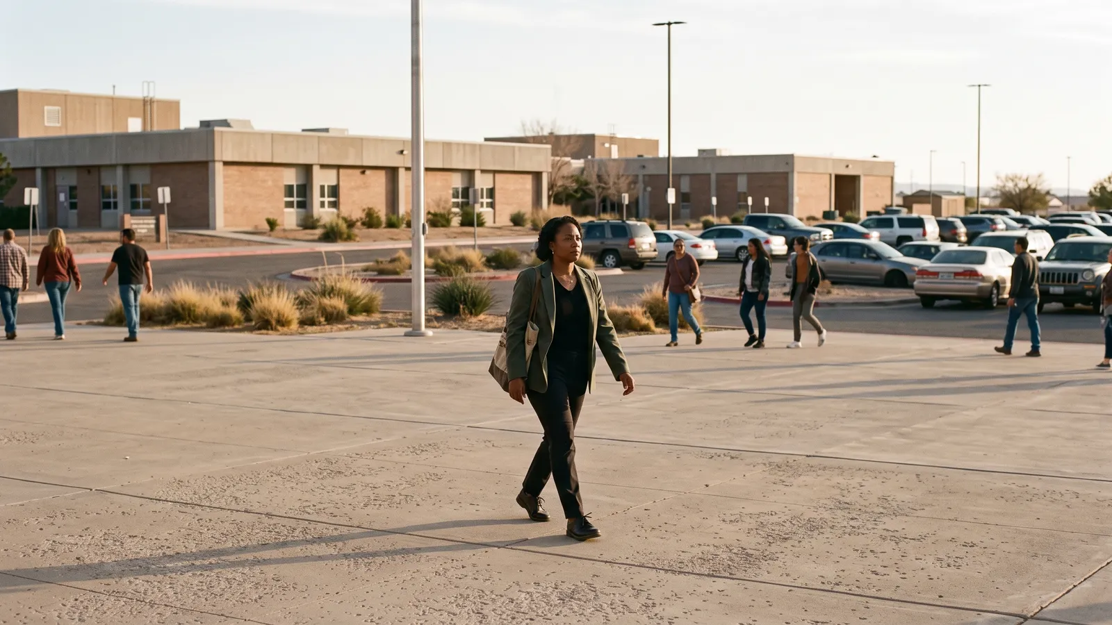 Woman in a blazer crosses a concrete plaza toward a parking lot past a bare flagpole