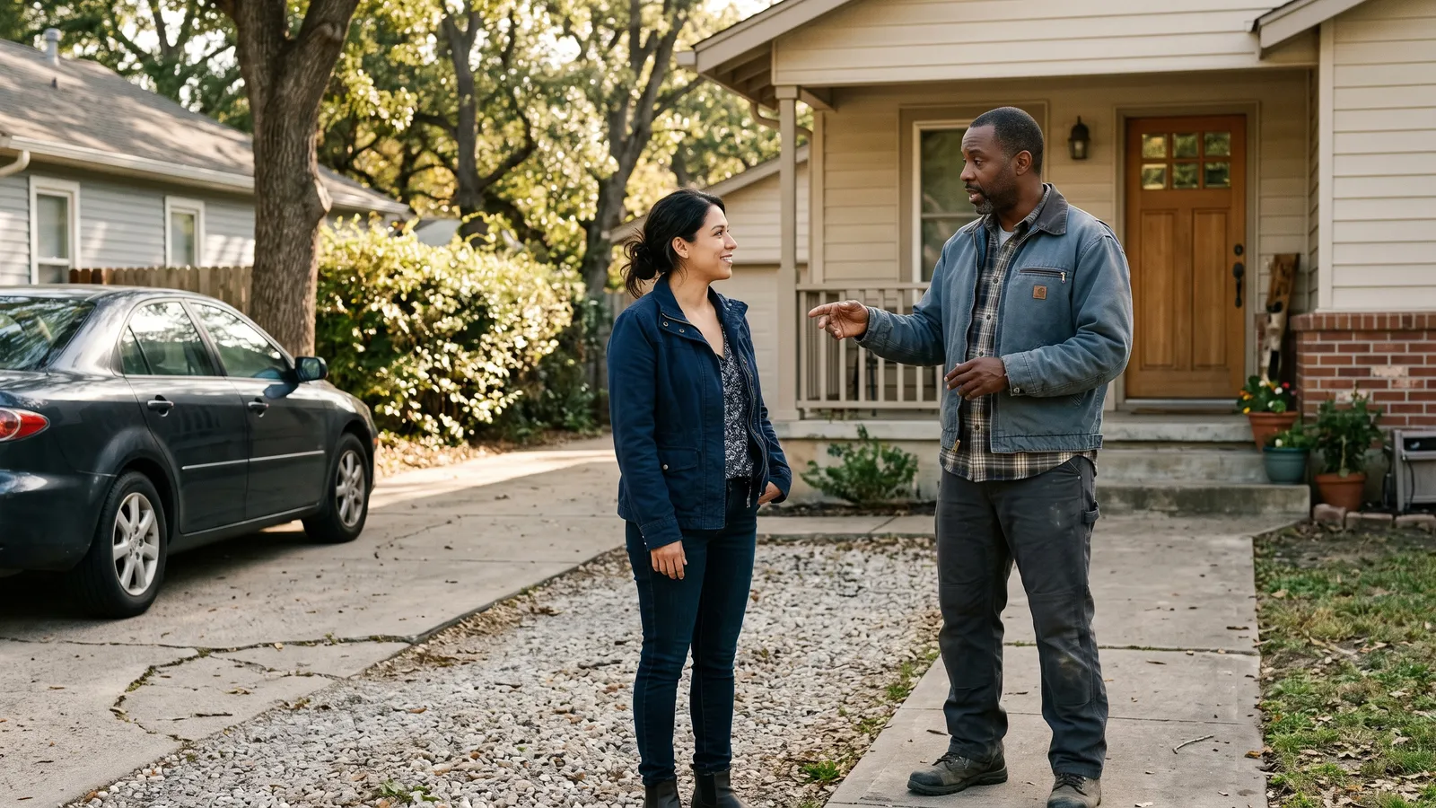 Two people talk on the front walkway of a suburban house, one gesturing toward the driveway