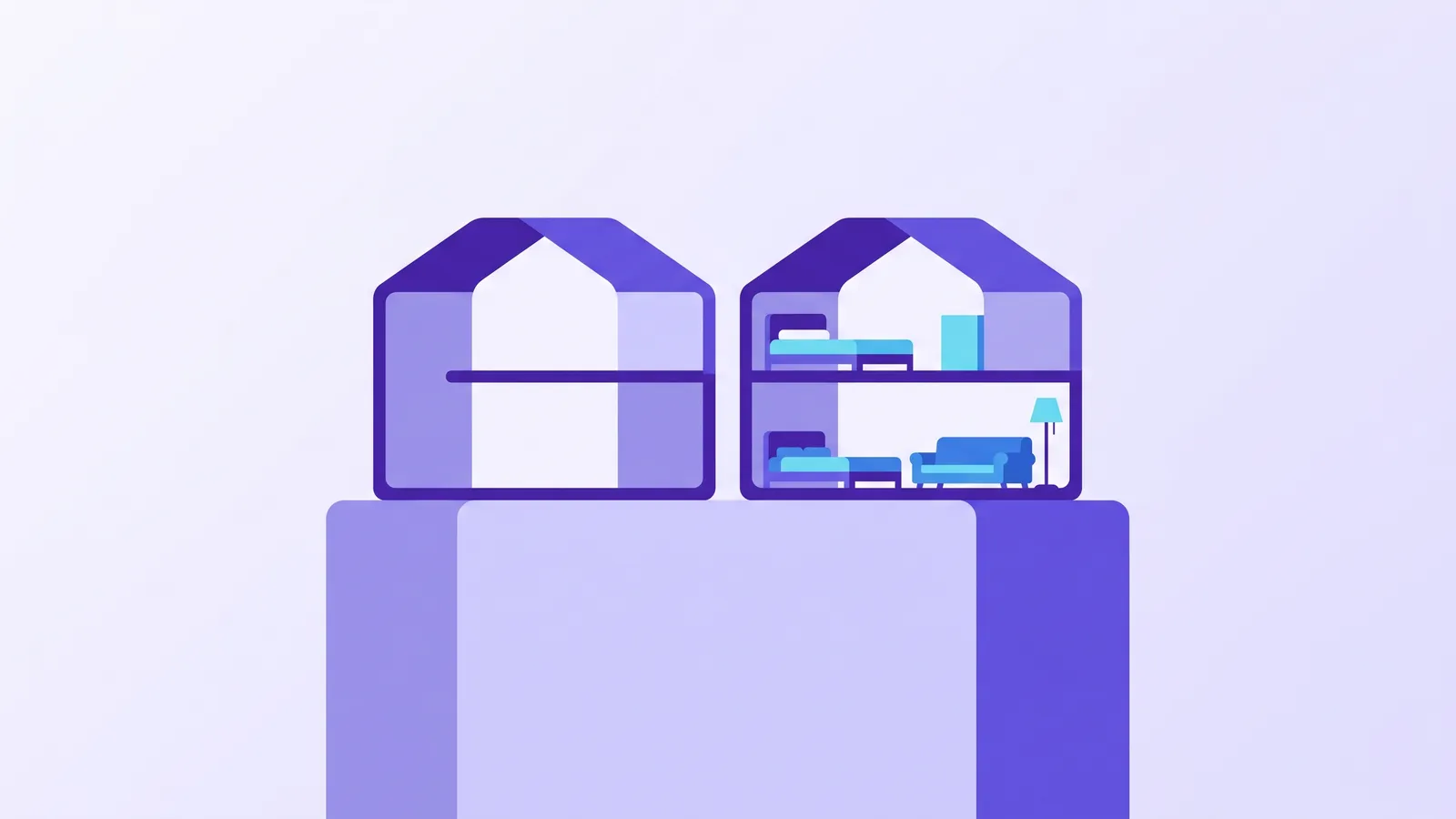 Two cutaway apartment shapes side by side: one empty, one furnished and standing on a taller plinth