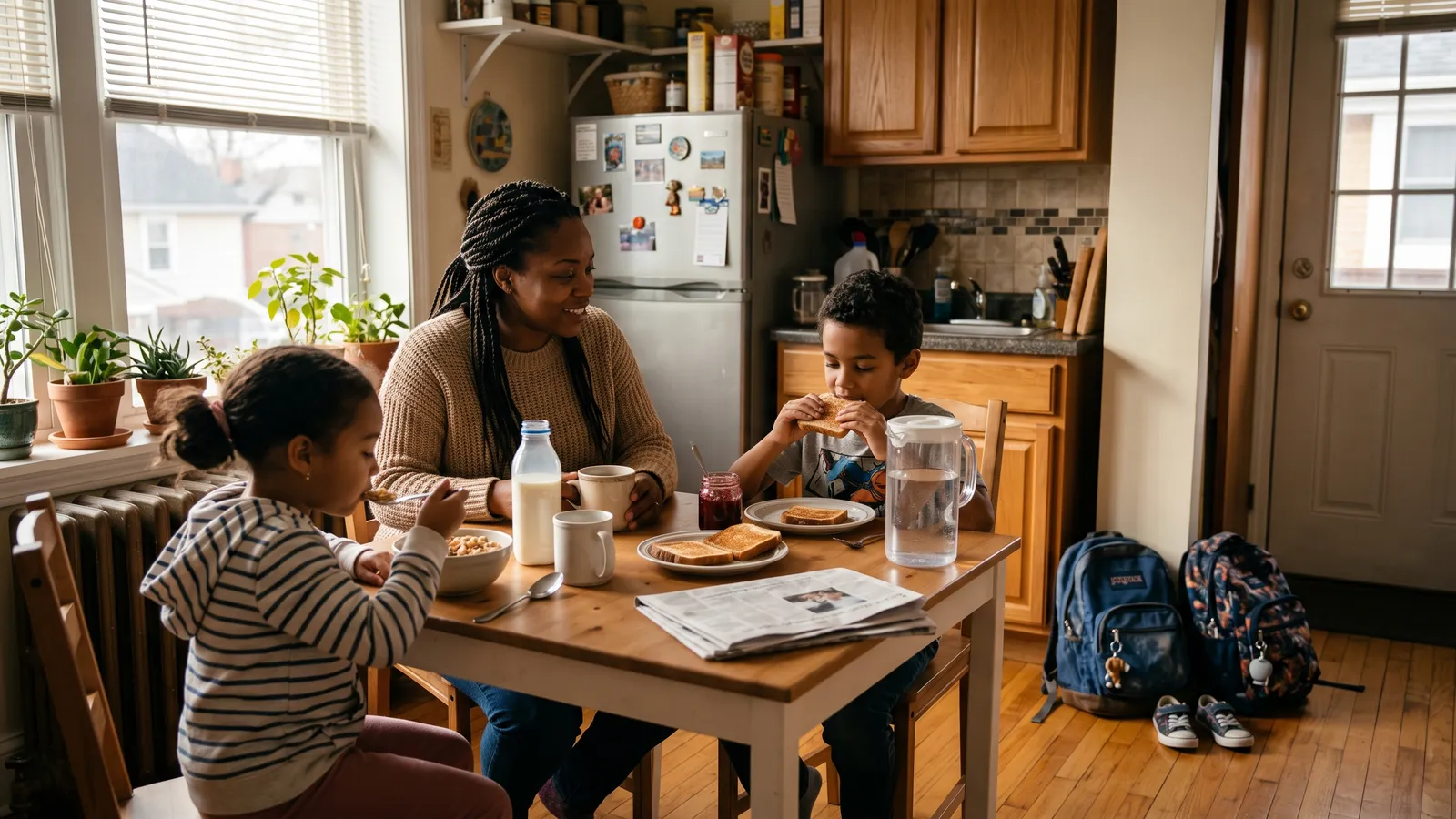 A mother and two children eat breakfast at a small kitchen table with backpacks by the door