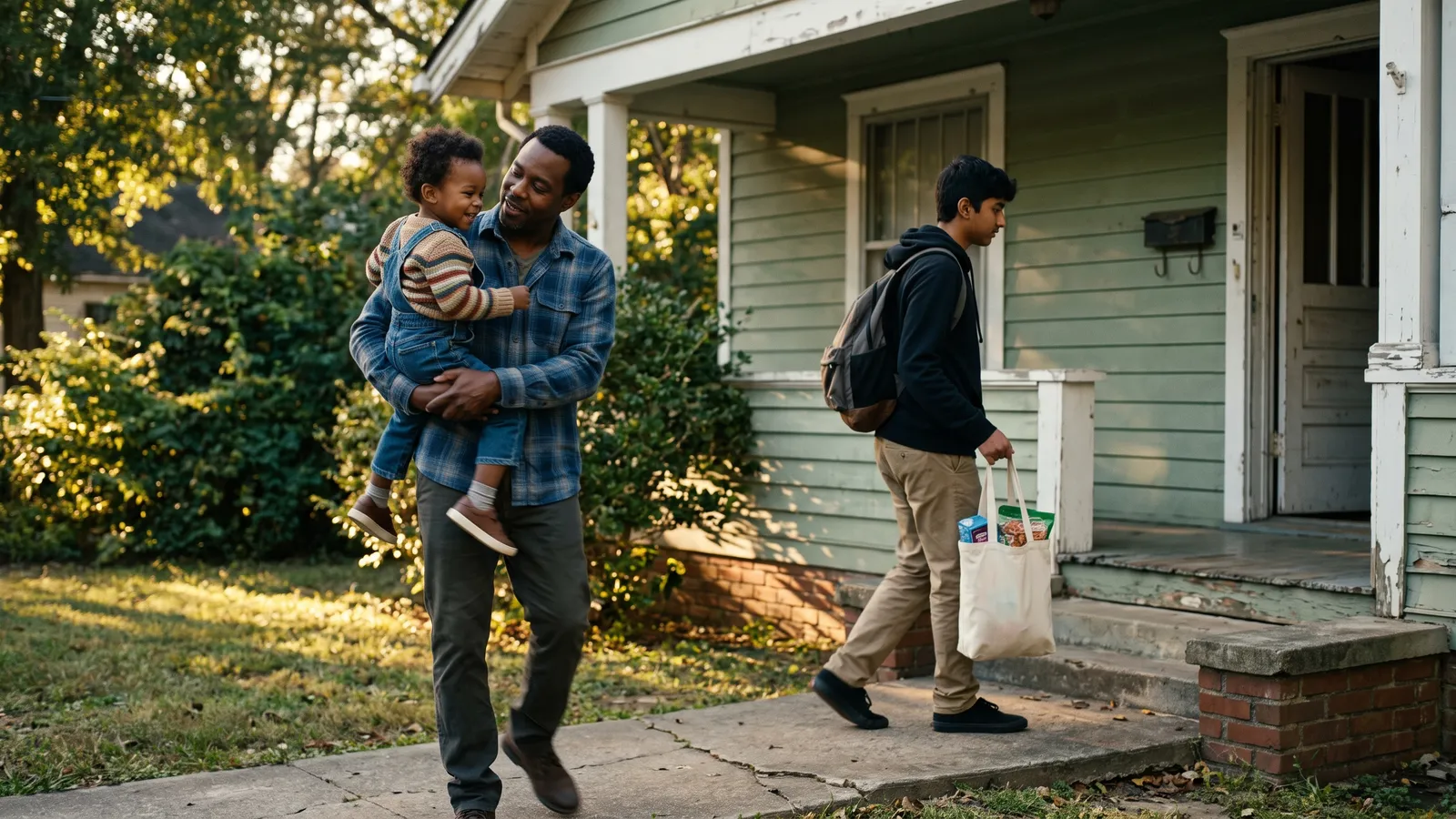 Father lifts a small child onto his hip on a front walkway as a teenager carries a grocery bag