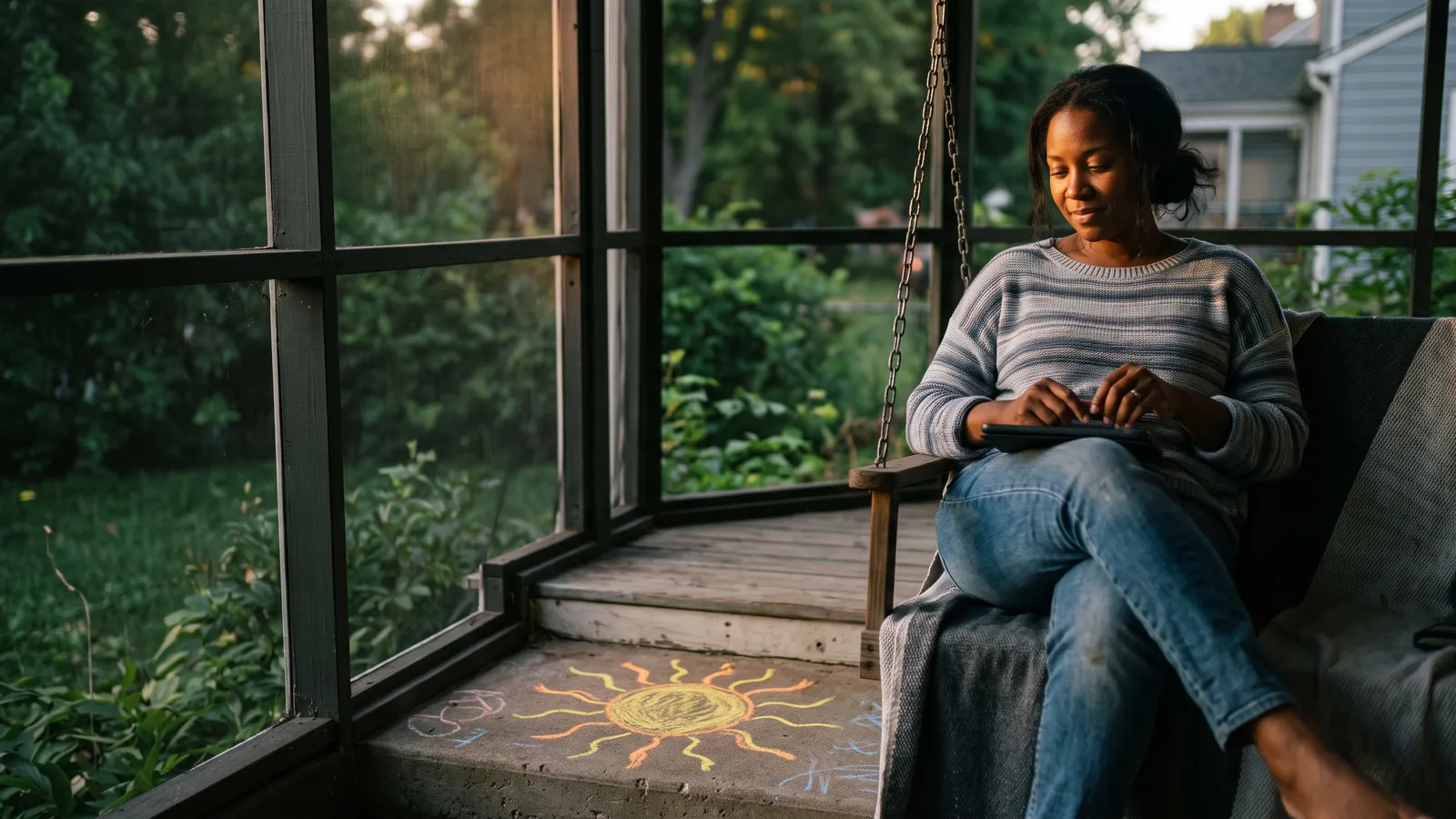 Woman sits on a porch swing with a tablet, a child's chalk sun drawing on the steps below