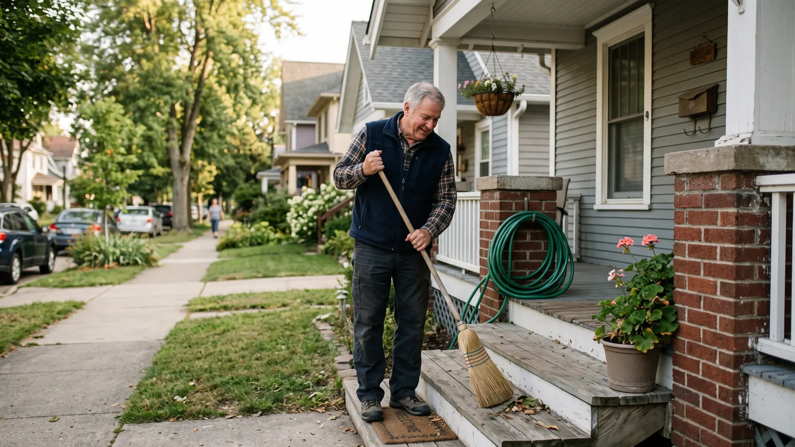 Landlord in a fleece vest sweeps the front steps of a small rental house on a quiet street