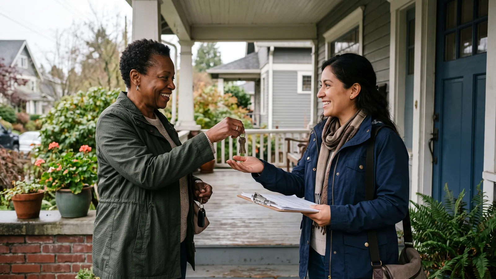 A landlord hands a ring of keys to a housing coordinator on the front porch of a rental house