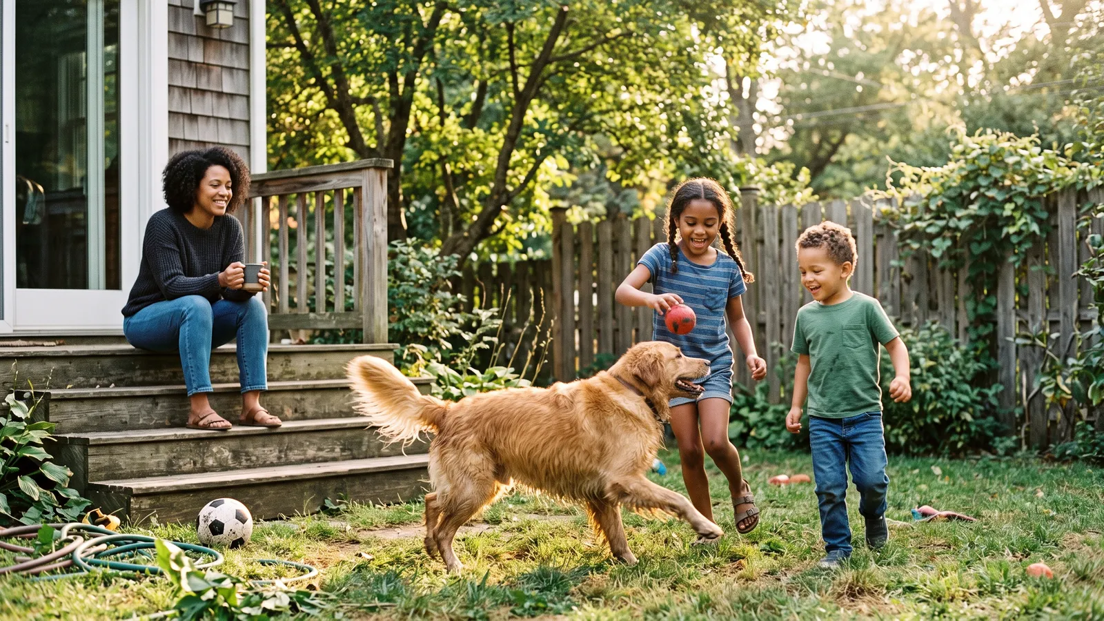 Two children and a dog play in a fenced backyard while a parent watches from the back steps