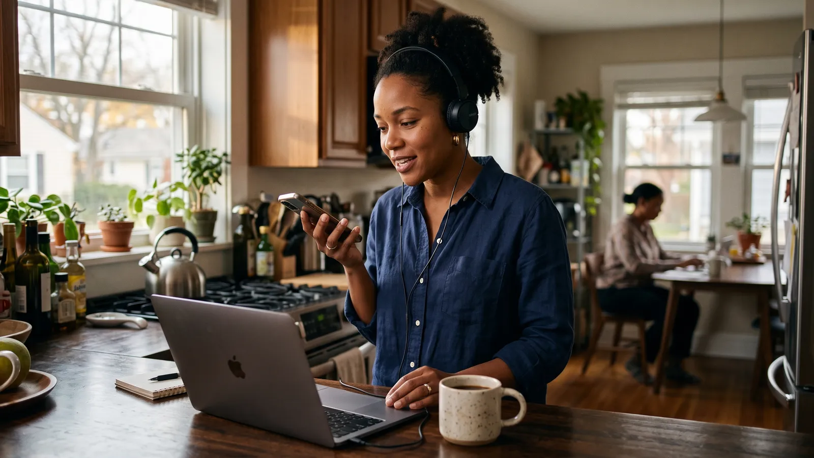 Woman in a button-down works on a laptop at a kitchen counter with coffee and headphones