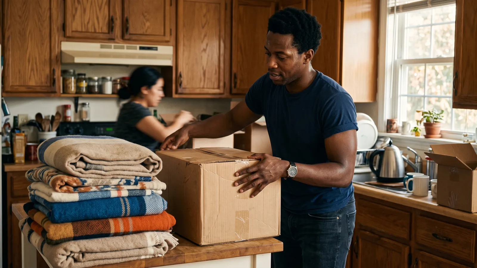 Man sets a cardboard moving box on a kitchen counter next to folded blankets in midday light