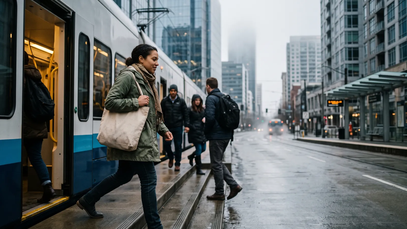 Woman with a canvas tote steps off a light rail platform onto a misty downtown street