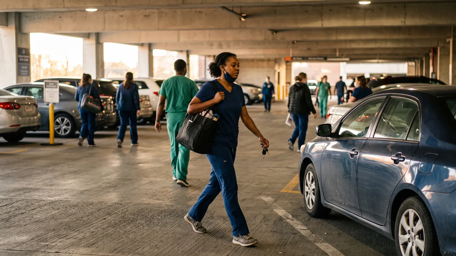 Nurse in scrubs crosses a hospital parking garage toward her car with a tote bag at dawn