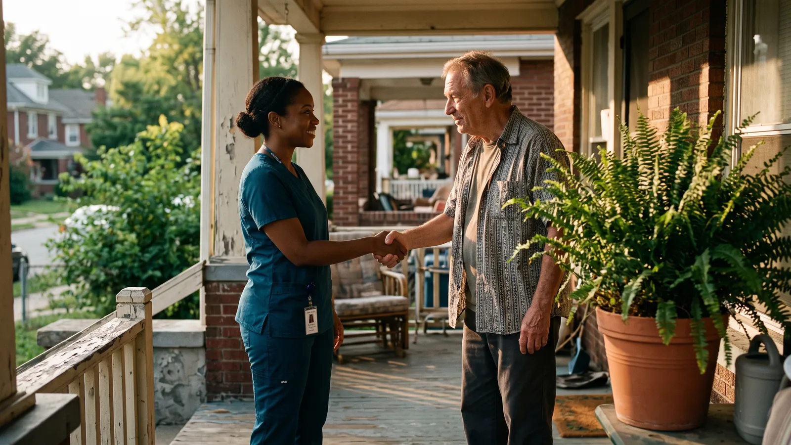 A woman in scrubs and a landlord shake hands on a front porch beside a potted fern