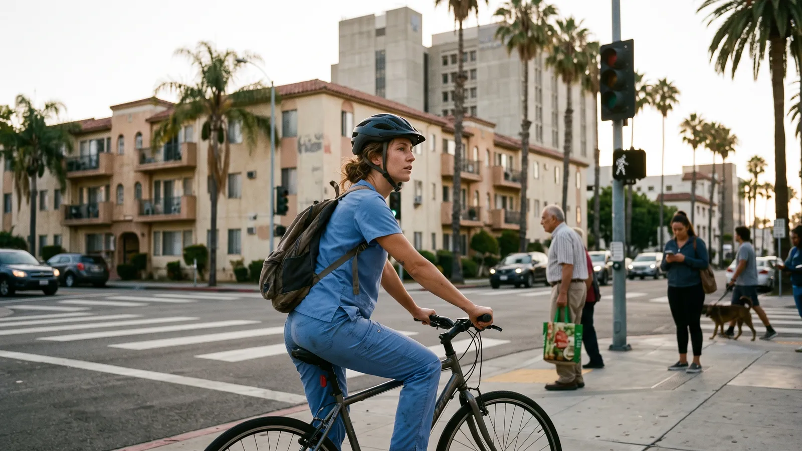 Cyclist in scrubs waits at a crosswalk on a palm-lined street with a hospital tower behind