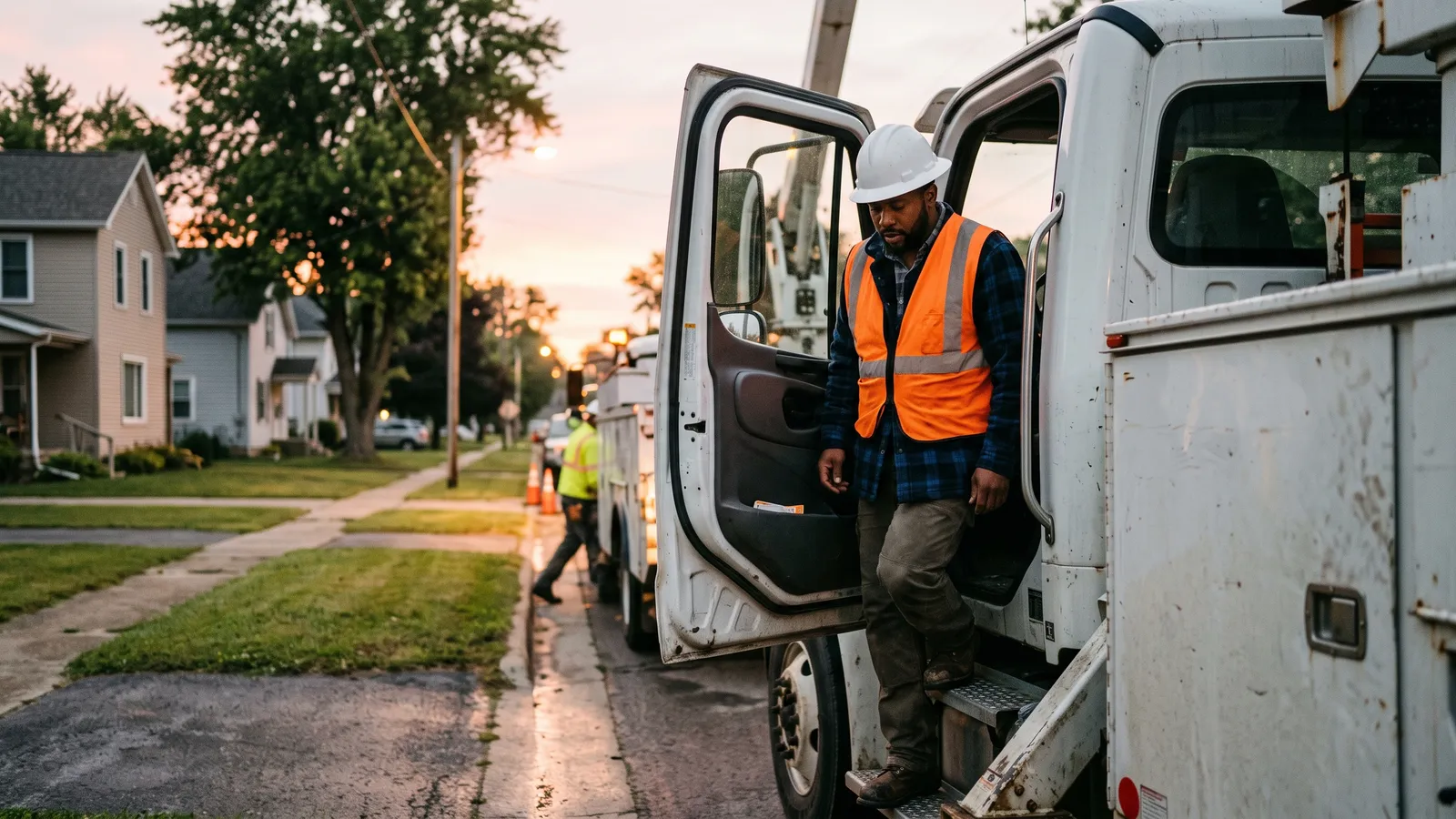 Lineman in hard hat and high-visibility vest steps down from a bucket truck on a residential street