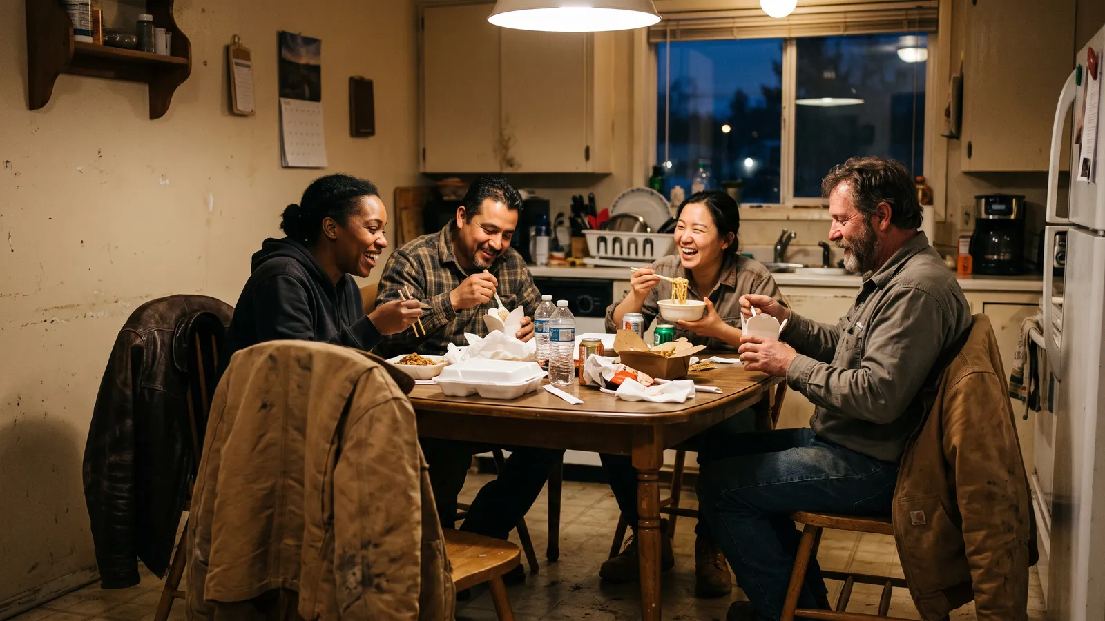 Four workers in canvas jackets eat takeout around a small kitchen table after a shift