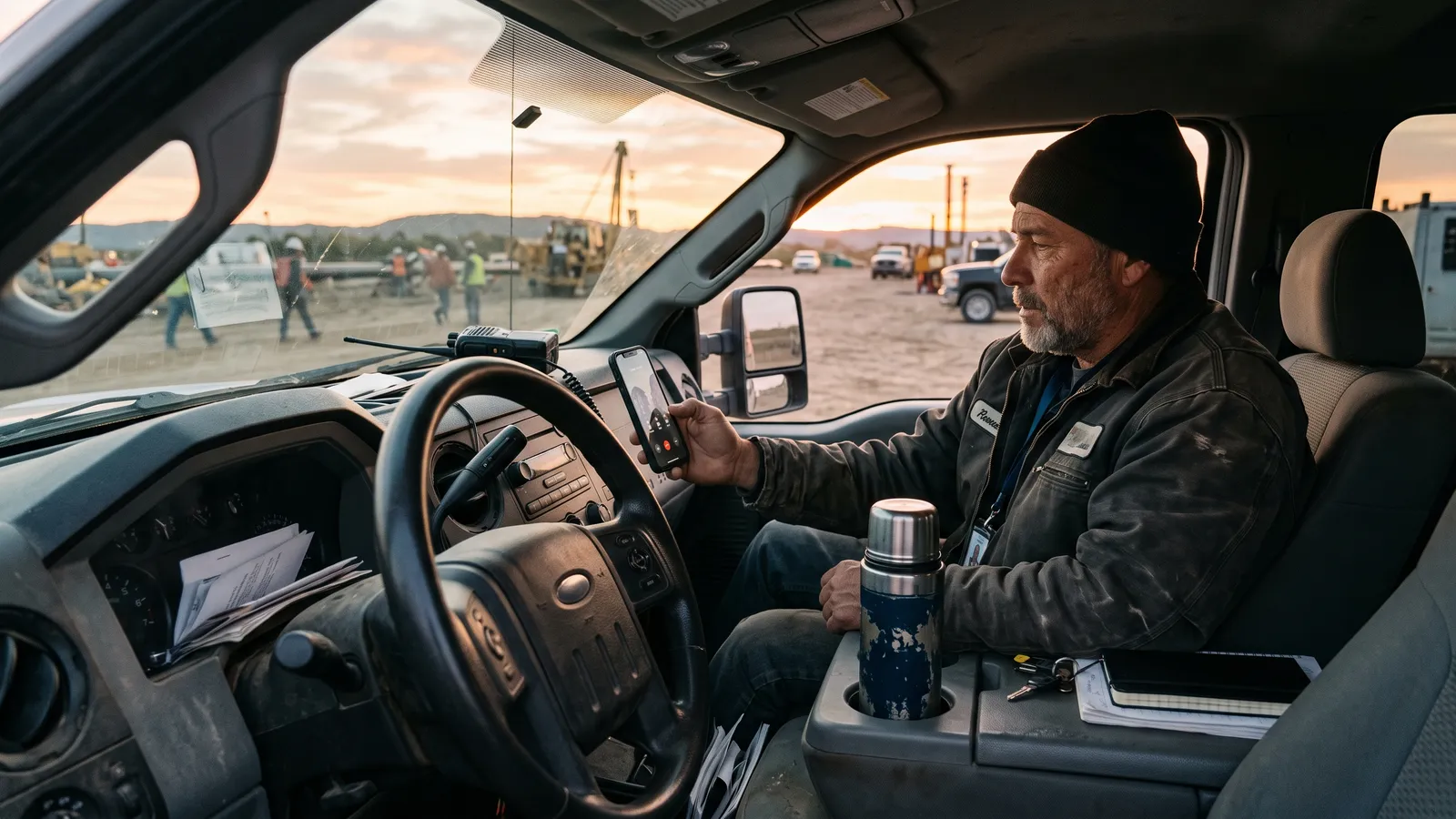 Foreman in a parked truck cab holds a phone against the steering wheel at sunrise, thermos nearby