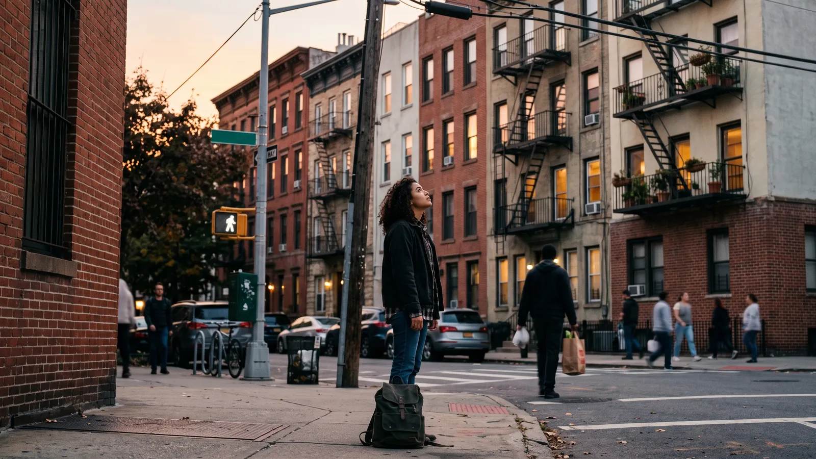 Woman with a backpack at her feet stands on a street corner looking up at apartment buildings