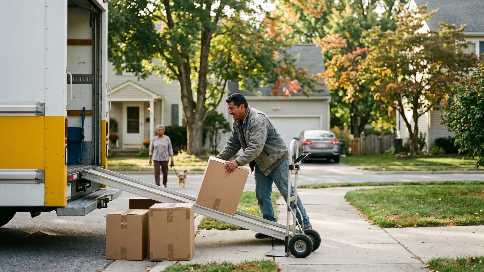 Man loads a rental box truck at the curb of a suburban house with the ramp down and a dolly
