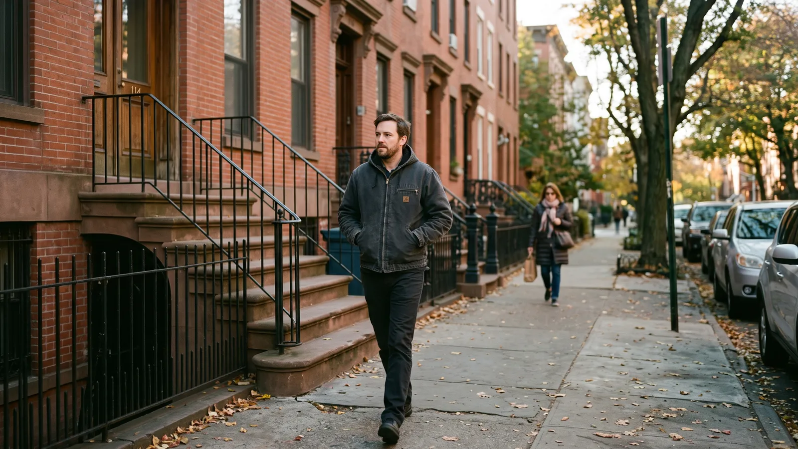 Man in a zipped jacket walks past a row of brick stoops on a residential street on a cold morning
