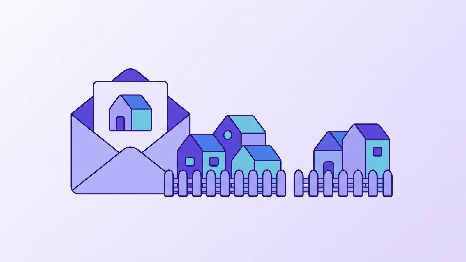 An open envelope with a house card emerging beside five toy houses split into two groups by a low fence