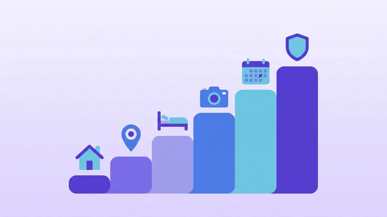 A rising staircase of blocks, each step holding one object: a house, map pin, bed, camera, calendar and badge