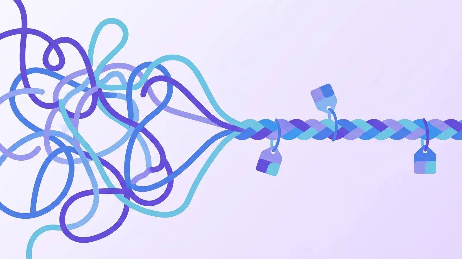 Loose tangled threads on the left braiding into one neat cord on the right, small house tags tied along it