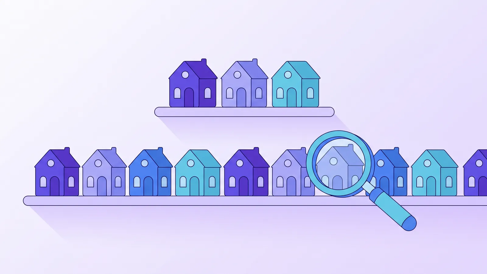 A row of small houses on a shelf, three lifted to a higher shelf, beside a large magnifying glass