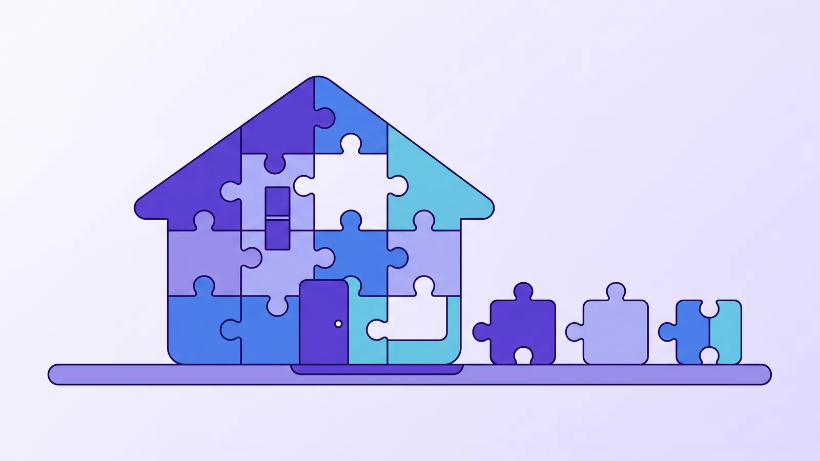 A house-shaped puzzle with three empty slots and the three missing pieces lined up beside it
