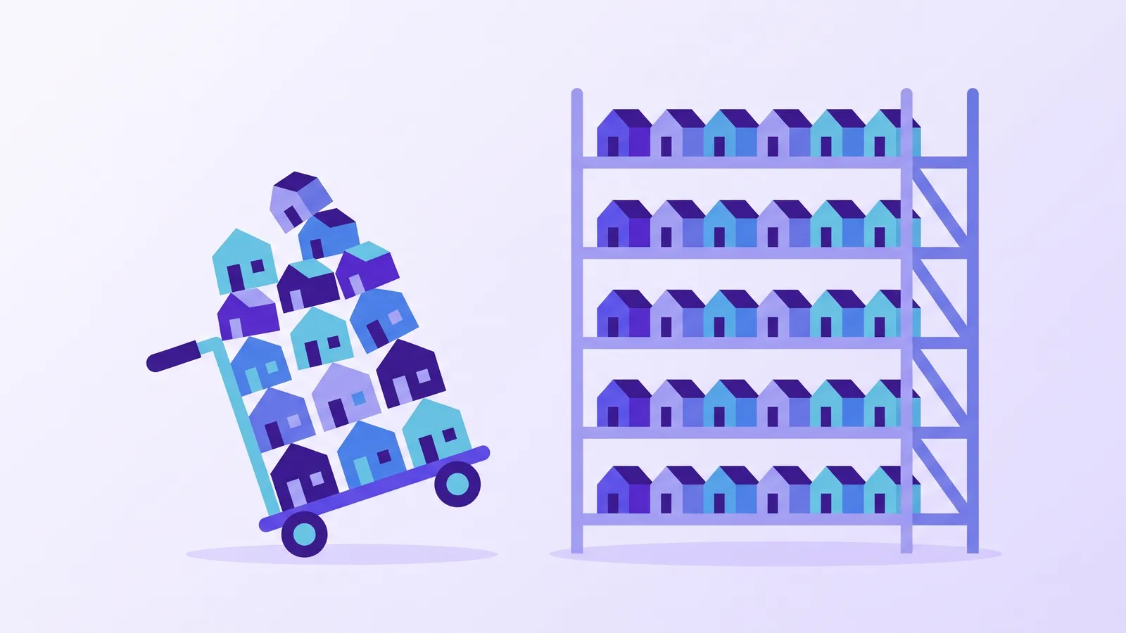 A small hand cart overloaded with tiny houses and tipping, beside a tall shelving rack of houses in neat rows