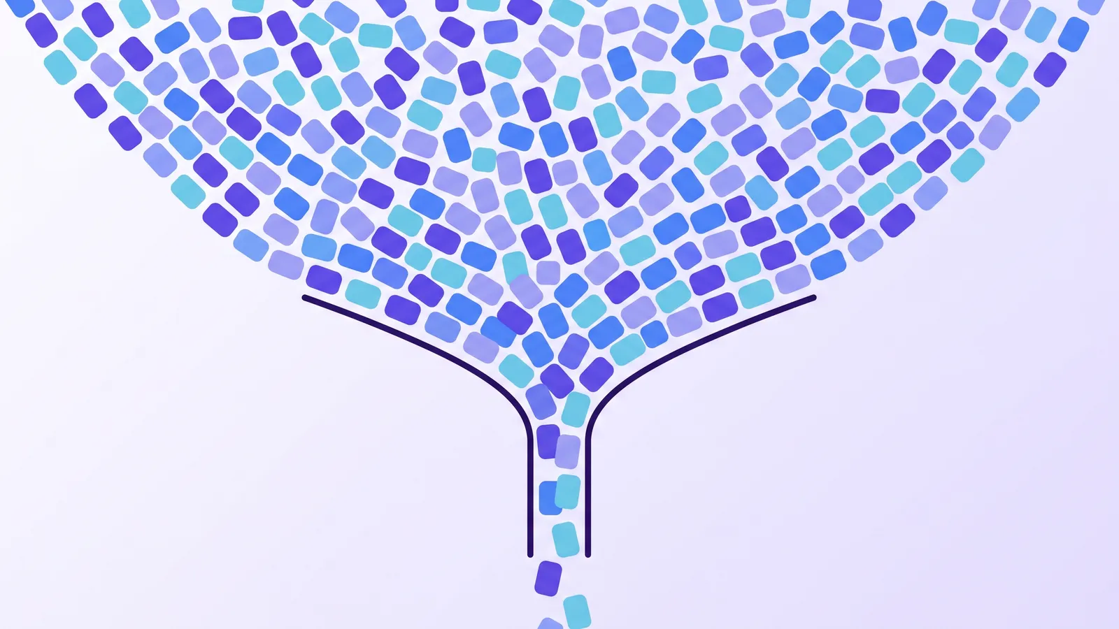 A wide stream of cards funnels toward a single narrow gate that stays the same width