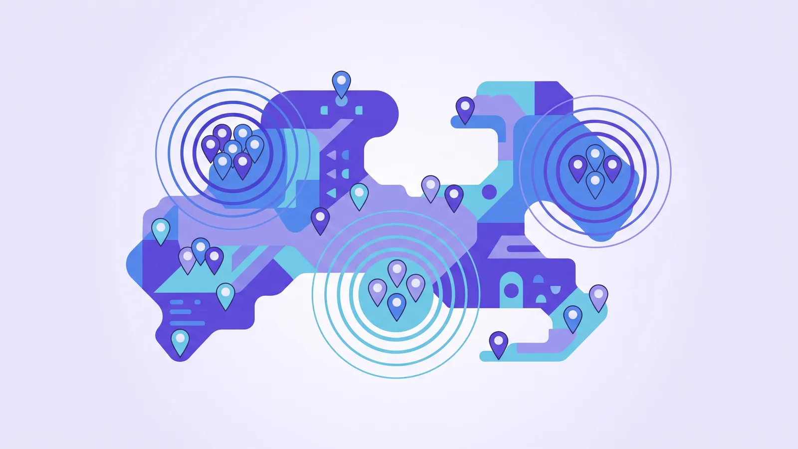 An abstract map dotted with pins, concentric rings radiating from three denser clusters