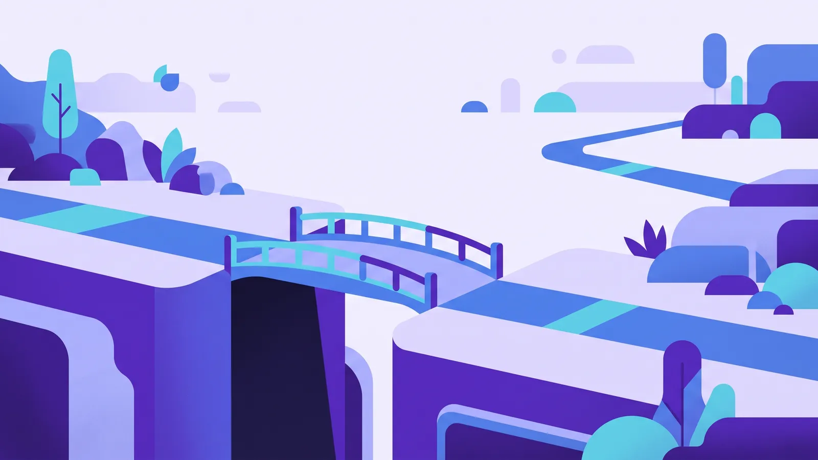 A short bridge spans a gap between two ledges with the path continuing well past its far end