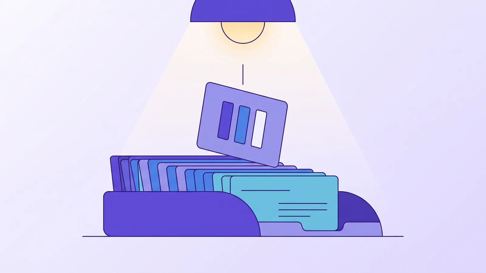 A card settles into an open tray under a glowing dot, one panel on the card left blank