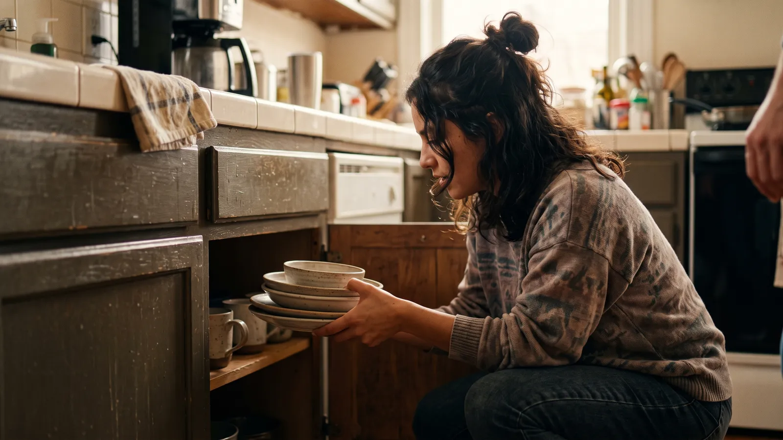 A woman crouches at an open kitchen cabinet, lifting a stack of plates and mugs off the shelf