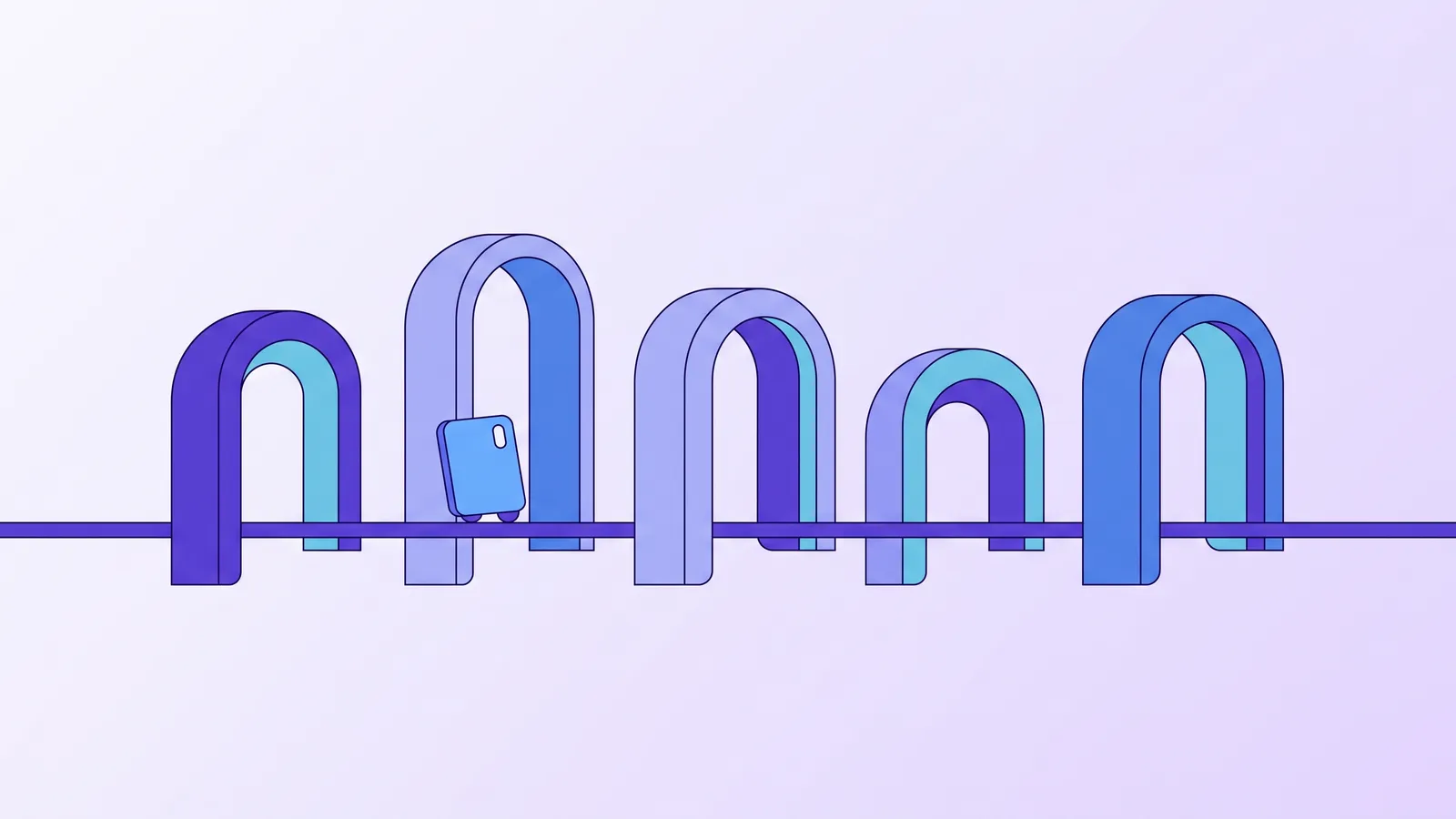 A card travels along a rail past five differently shaped checkpoint arches, clearing each