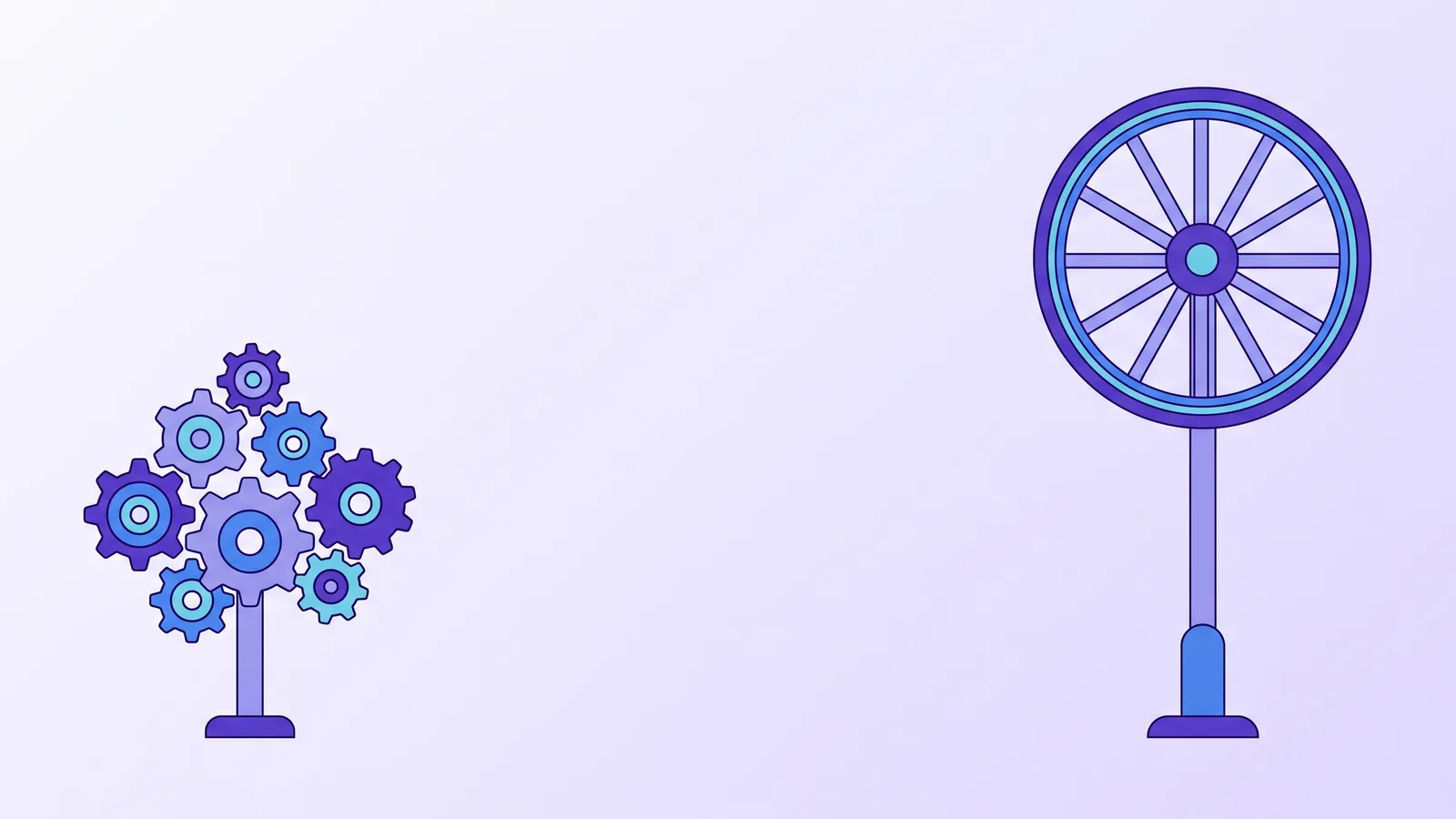 Two mechanisms face each other across an empty span, one of small cogs, one a large wheel