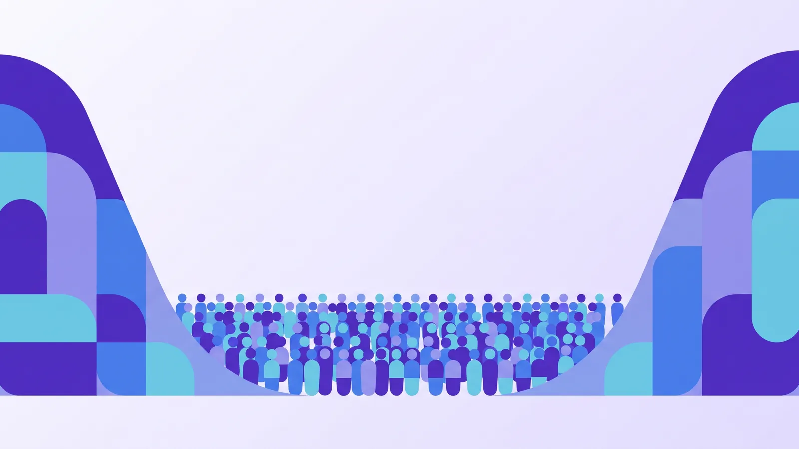 A dense crowd of small abstract figures fills the low trough between two tall rising curves